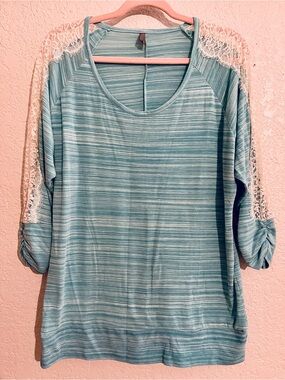 Vanity Light Blue Striped Top with White Lace Shoulders